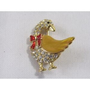 Gold Tone Clear Rhinestone Duck Brooch 1 1/4" Cottagecore Y2K VTG Bird Enamel